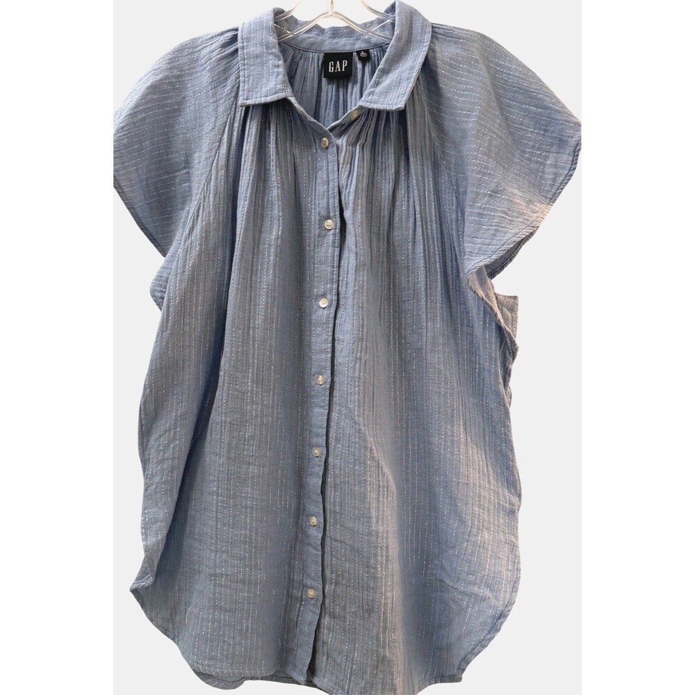 Gap Crinkle Gauze Button Shirt Large Tall Blue Silver Metallic Stripe Coastal